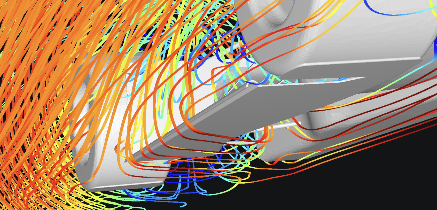 CFD flow visualization near the aerodynamic components.